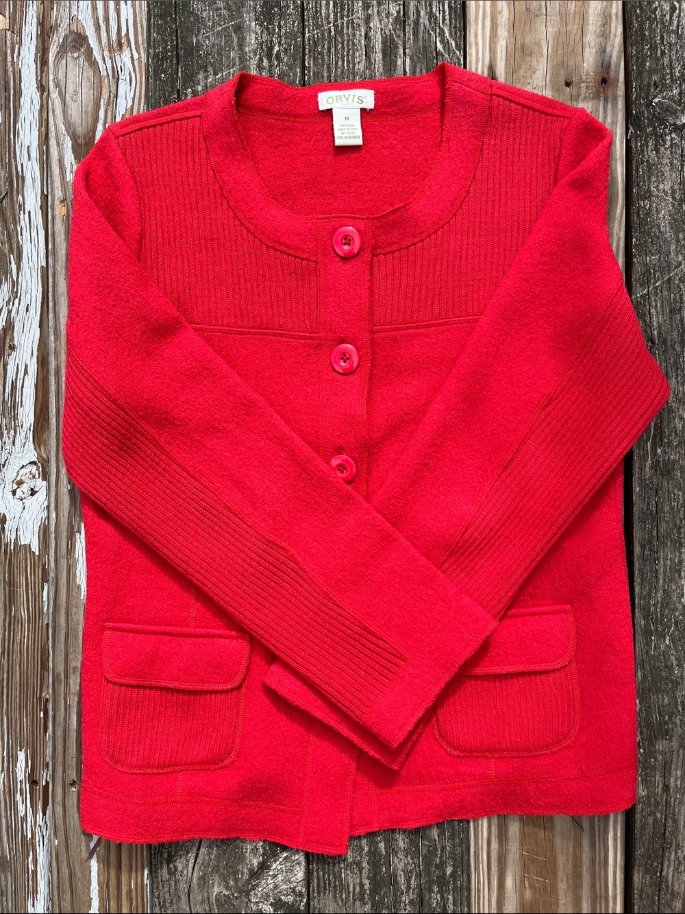 Vintage Orvis 100% Wool Red Button Front Sweater